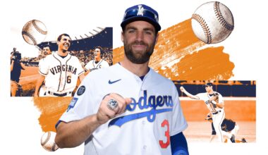 Collage of images of Chris Taylor and baseball graphics.