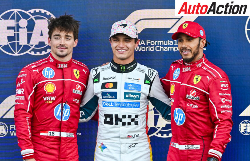 Top three qualifiers Lando Norris, Mclaren, Charles Leclerc and Lewis Hamilton, Ferrari, in parc ferme after qualifying at the 2025 F1 Mexico City Grand Prix.