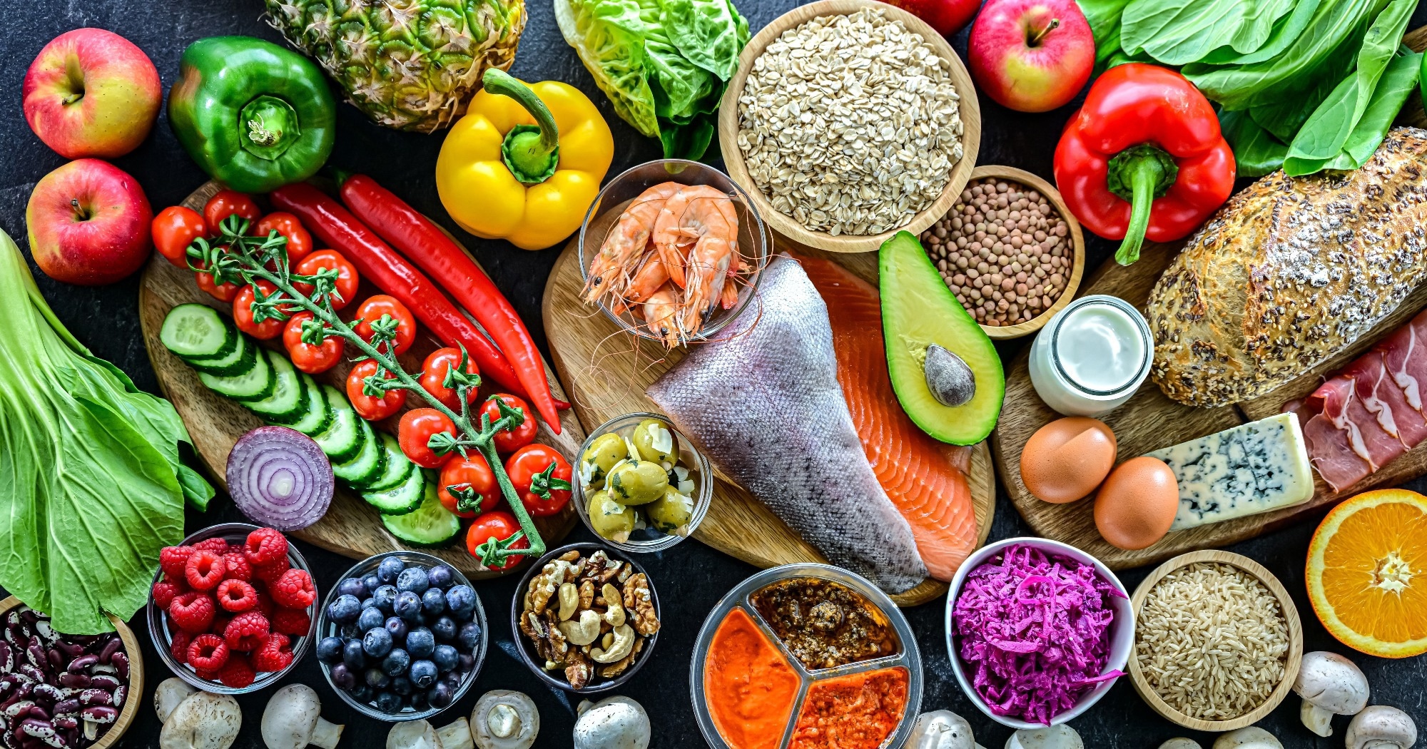 Food products representing balanced diet.