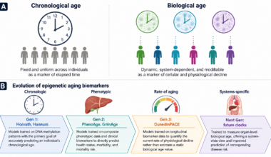 The distinction between CA and BA and the progression of epigenetic clocks through multiple generations. (A) Chronological age reflects a uniform measure of time, whereas biological age reflects cellular and physiological decline. (B) First-generation clocks (e.g., Horvath, Hannum) were trained to predict chronological age. Second-generation clocks (e.g., PhenoAge, GrimAge) focus on phenotypic health and mortality risk. Third-generation clocks (e.g., DunedinPACE) measure the current rate of biological aging. The next generation of clocks aims to measure organ-specific biological age. Image adapted from Figure 1 in Cheema, B. S. et al. Functional, molecular, and digital measurements of biological age. The Journal of Clinical Investigation. 2026;136(12):e205777. doi:10.1172/JCI205777. Licensed under CC BY 4.0.