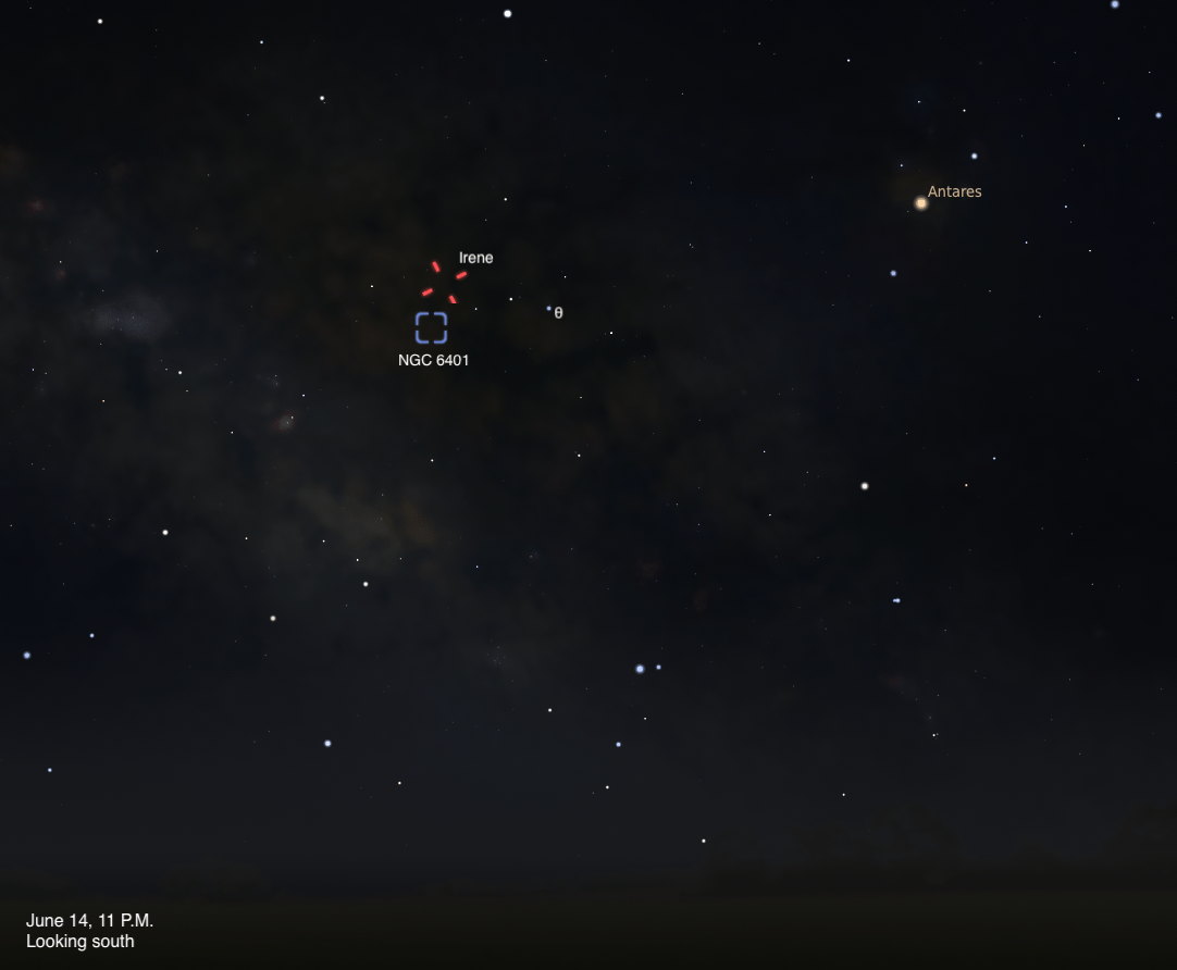 A simulated night sky looking south on June 14, 2026, at 11 P.M. Asteroid Irene is marked with a red dashed indicator near the globular cluster NGC 6401, shown in a blue dashed box. The bright orange-red star Antares is visible in the upper right, and the faint glow of the Milky Way stretches across the left side of the frame.