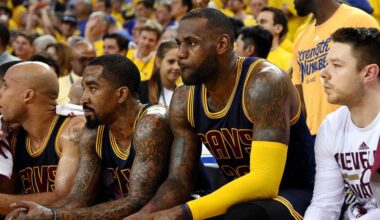 Jun 2, 2016; Oakland, CA, USA; Cleveland Cavaliers forward LeBron James (23) and Cleveland Cavaliers guard J.R. Smith (5) sit on the bench during the fourth quarter against the Golden State Warriors in game one of the NBA Finals at Oracle Arena. Mandatory Credit: Kyle Terada-Imagn Images