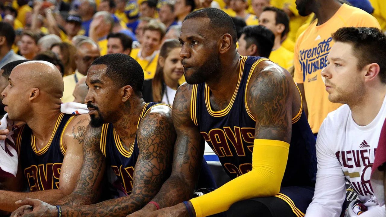 Jun 2, 2016; Oakland, CA, USA; Cleveland Cavaliers forward LeBron James (23) and Cleveland Cavaliers guard J.R. Smith (5) sit on the bench during the fourth quarter against the Golden State Warriors in game one of the NBA Finals at Oracle Arena. Mandatory Credit: Kyle Terada-Imagn Images
