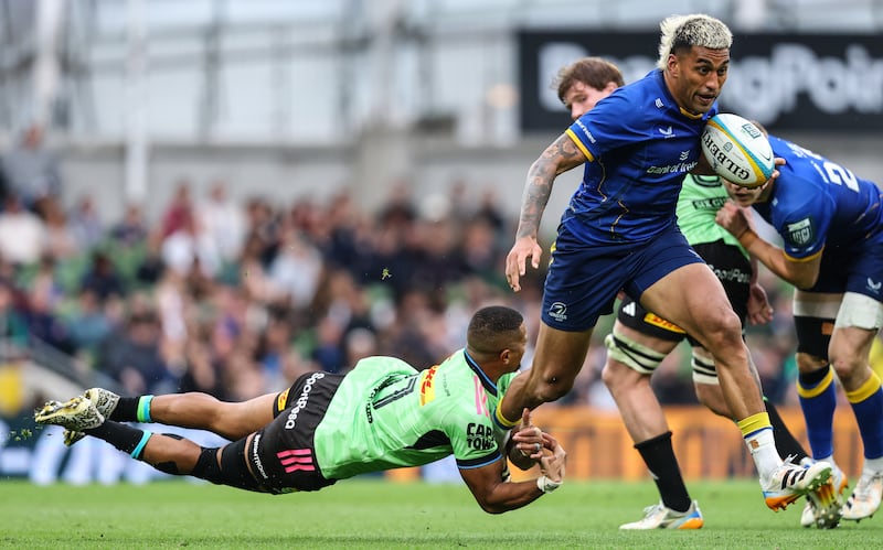 Leinster's Rieko Ioane is tackled by Leolin Zas of Stormers during Leinster's hard-fought URC semi-final win last Saturday at the Aviva Stadium. Photograph: Ben Brady/Inpho