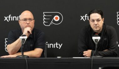 Flyers General Manager Danny Brière, right, and assistant general manager Brent Flahr speak with reporters during a news conference ahead of the 2026 NHL draft on Tuesday.