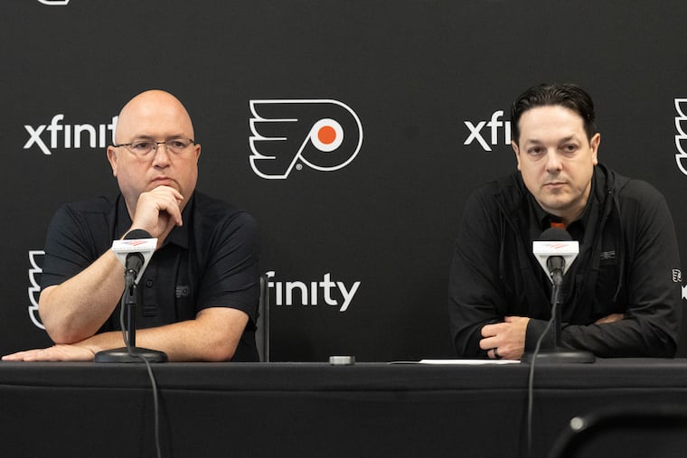Flyers General Manager Danny Brière, right, and assistant general manager Brent Flahr speak with reporters during a news conference ahead of the 2026 NHL draft on Tuesday.