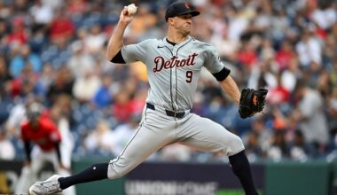 Detroit Tigers starting pitcher Jack Flaherty delivers during the first inning of a baseball game against the Cleveland Guardians, Wednesday, July 24, 2024, in Cleveland.