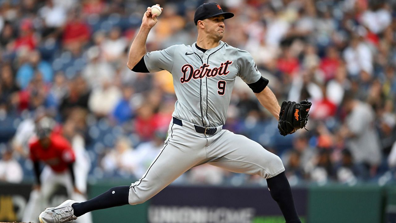 Detroit Tigers starting pitcher Jack Flaherty delivers during the first inning of a baseball game against the Cleveland Guardians, Wednesday, July 24, 2024, in Cleveland.