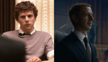 Jesse Eisenberg in 'The Social Network' and Jeremy Strong in 'The Social Reckoning.'