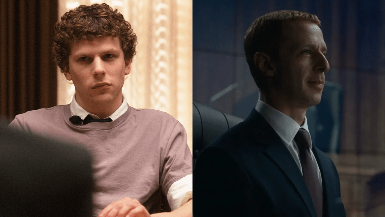 Jesse Eisenberg in 'The Social Network' and Jeremy Strong in 'The Social Reckoning.'