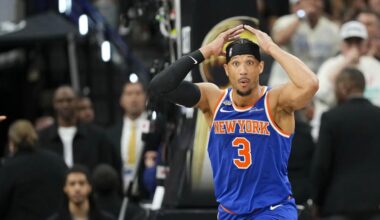 Jun 5, 2026; San Antonio, Texas, USA; New York Knicks guard Josh Hart (3) reacts to a call during the fourth quarter against the San Antonio Spurs during game two of the 2026 NBA Finals at Frost Bank Center. Mandatory Credit: Scott Wachter-Imagn Images