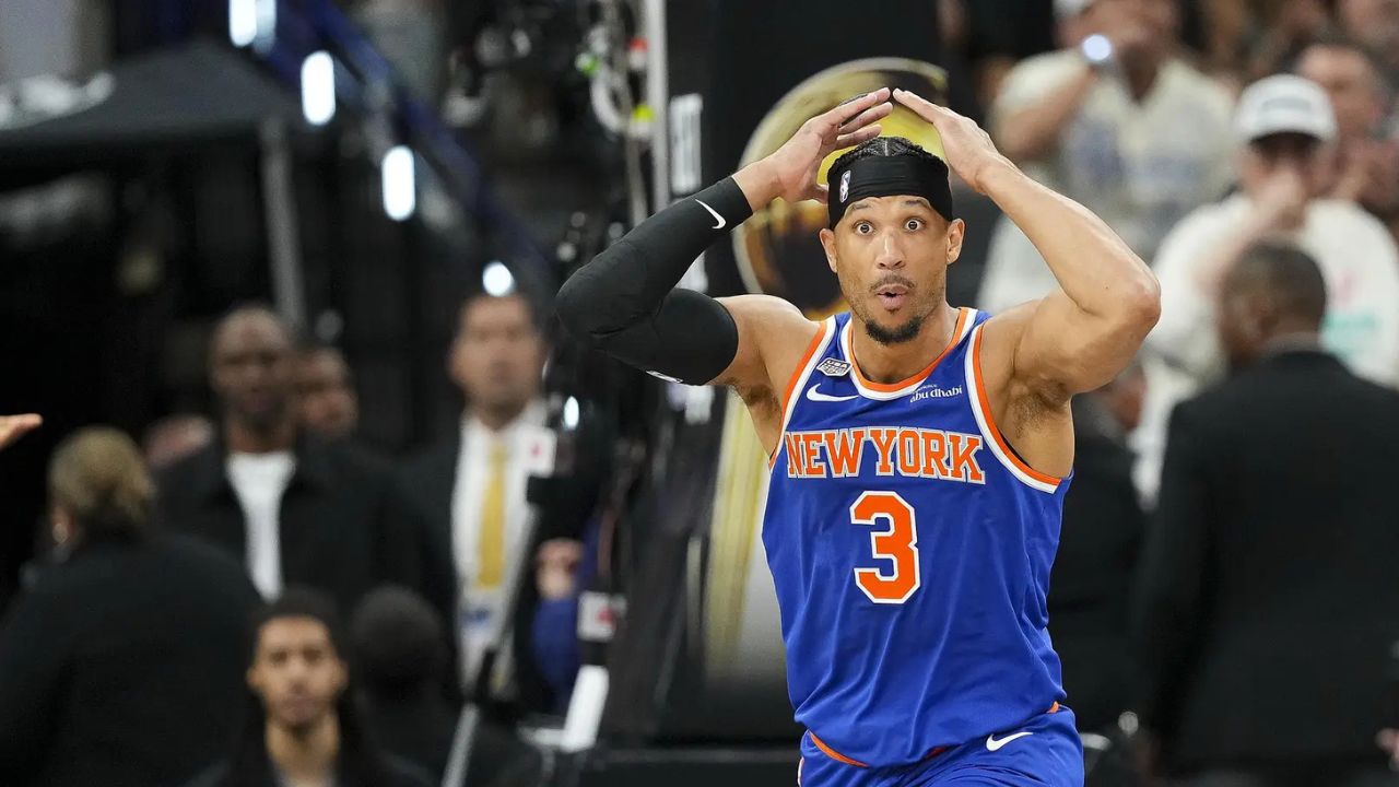 Jun 5, 2026; San Antonio, Texas, USA; New York Knicks guard Josh Hart (3) reacts to a call during the fourth quarter against the San Antonio Spurs during game two of the 2026 NBA Finals at Frost Bank Center. Mandatory Credit: Scott Wachter-Imagn Images