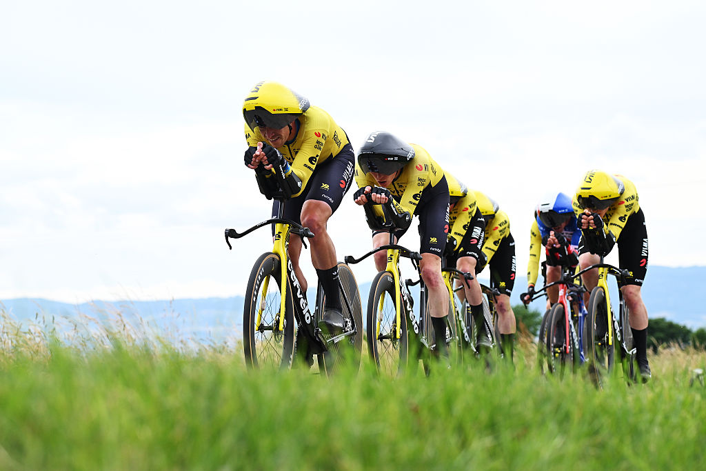 PERREUX, FRANCE - JUNE 09: (L-R) Edoardo Affini of Italy, Matteo Jorgenson of United States and Team Visma | Lease a Bike compete during the 78th Tour Auvergne-Rhone-Alpes 2026, Stage 3 a 28.4km team time trial stage from Perreux to Perreux / #UCIWT / on June 09, 2026 in Perreux, France. (Photo by Dario Belingheri/Getty Images)