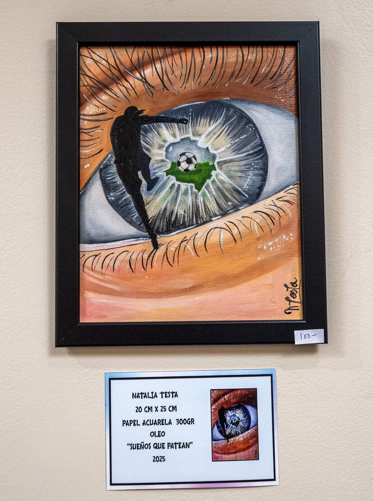 FIFA World Cup-themed artwork by Natalia Testa, an artist from Buenos Aires, Argentina, is displayed for sale in a gallery at the Crossroads location of Café Corazón on Wednesday, June 24, 2026, in Kansas City.