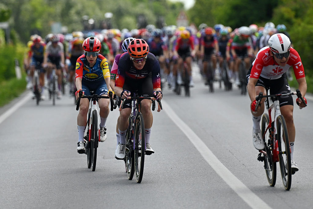 One of the many attempted breakaways during stage 9 of the 2026Giro d'Italia Women 2026, a 145km stage from Saluzzo to Saluzzo. (Photo by Luc Claessen/Getty Images)