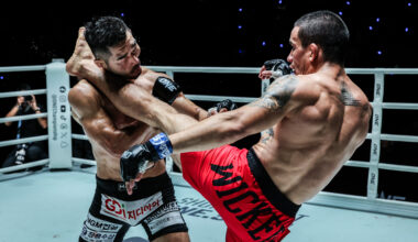 Brazilian MMA fighter Lucas Gabriel head kicks Ok Rae Yoon in the ring at ONE Fight Night 44