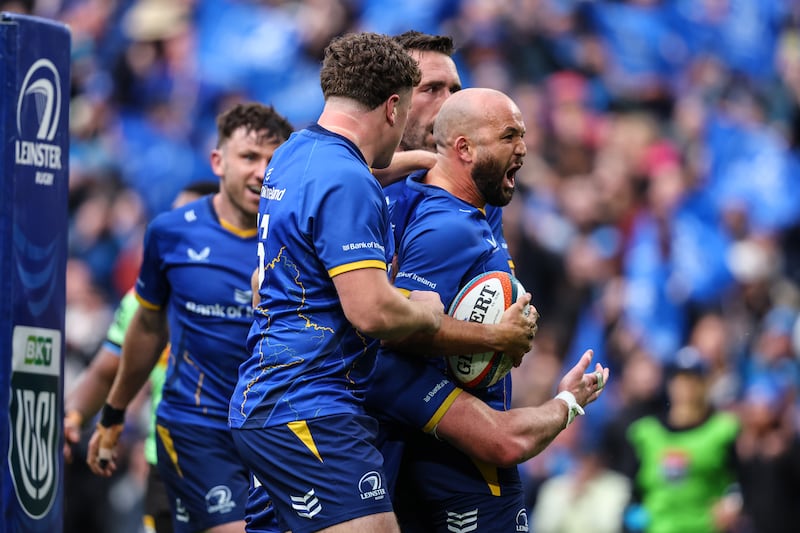 Leinster's Jamison Gibson-Park celebrates scoring a try with teammates Jack Conan and Gus McCarthy during last Saturday's URC semi-final win against Stormers at the Aviva Stadium, Dublin. Photograph: Ben Brady/Inpho