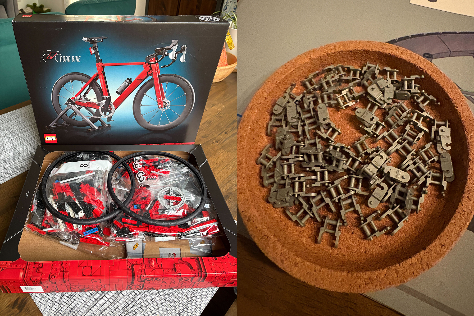 A view Inside the Lego bike box, with all its parts in their packets, ready to be assembled, and a bowl with the 72 piece that make up the bike's chain