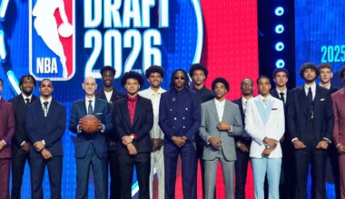Prospective draftees pose for a group photo with NBA Commissioner Adam Silver, center, before the first round of the NBA basketball draft, Tuesday, June 23, 2026, in New York. (AP Photo/Yuki Iwamura)