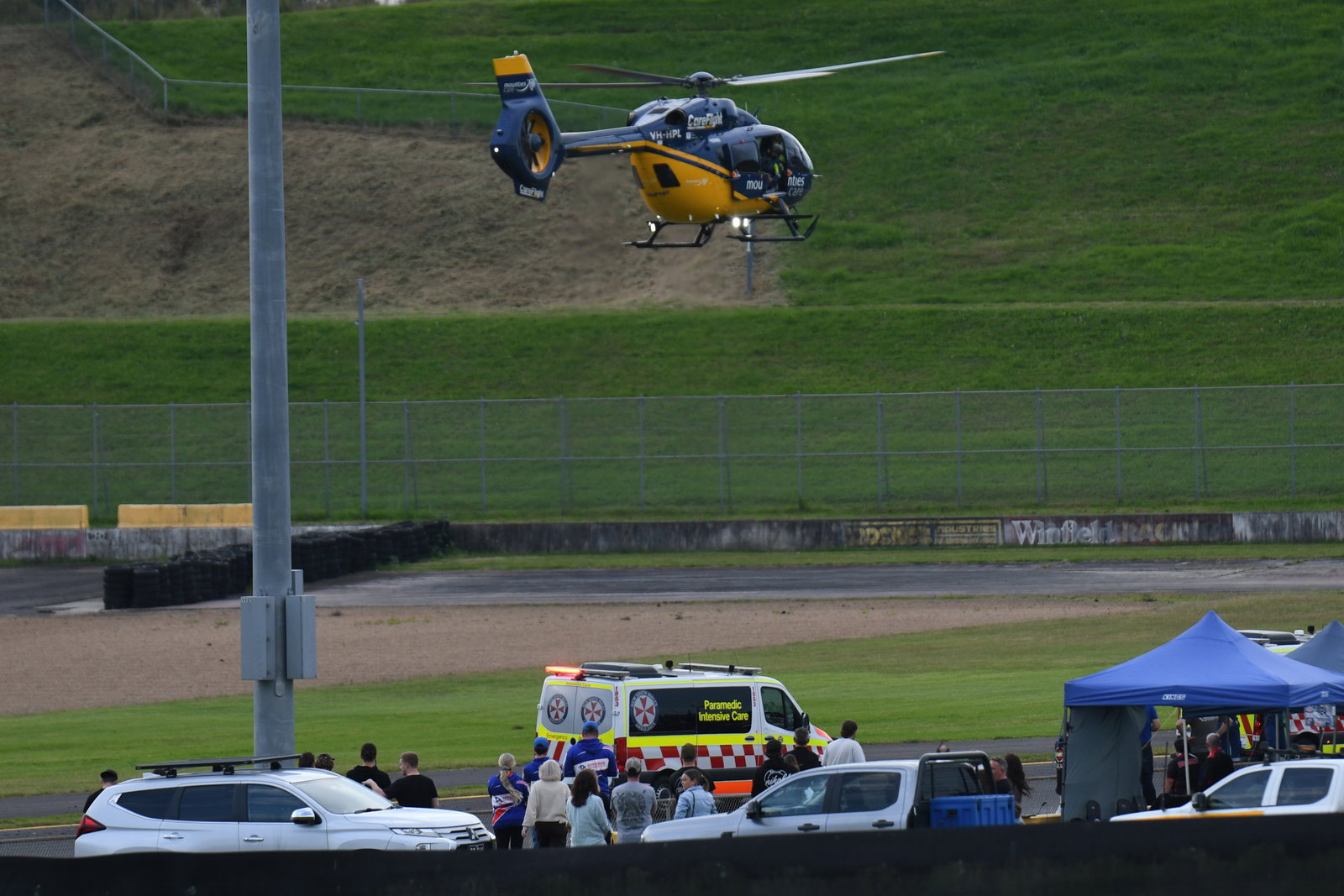 An emergency helicopter at Sydney Motorsport Park after a crash