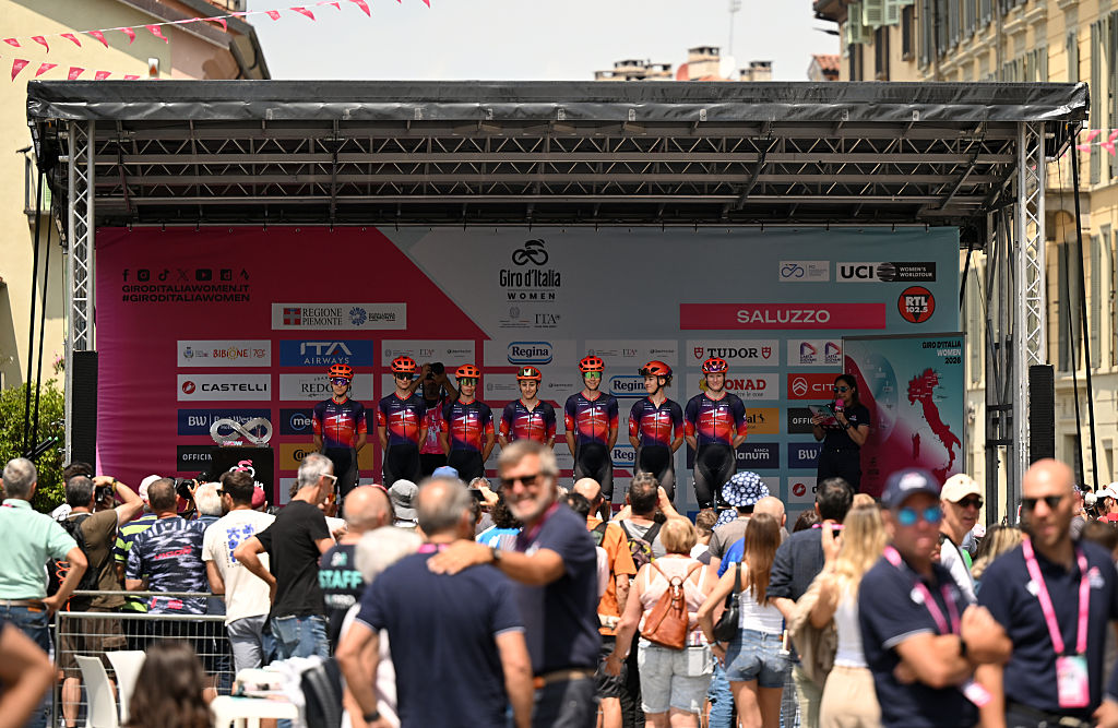 Team Human Powered Health prior to stage 9 of the 2026 Giro d'Italia Women, a 145km stage from Saluzzo to Saluzzo. (Photo by Luc Claessen/Getty Images)