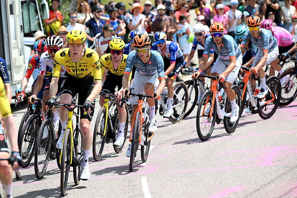 SAINT-ISMIER, FRANCE - JUNE 07: (L-R) Matteo Jorgenson of United States and Team Visma | Lease a Bike and Oscar Onley of Great Britain and Netcompany INEOS Cycling Team compete during the 78th Tour Auvergne-Rhone-Alpes 2026, Stage 1 a 146.2km stage from Vizille to Saint-Ismier / #UCIWT / on June 07, 2026 in Saint-Ismier, France. (Photo by Dario Belingheri/Getty Images)
