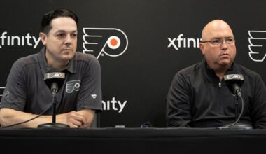 Flyers general manager Danny Briere (left)  and assistant GM Brent Flahr are gearing up for the NHL draft