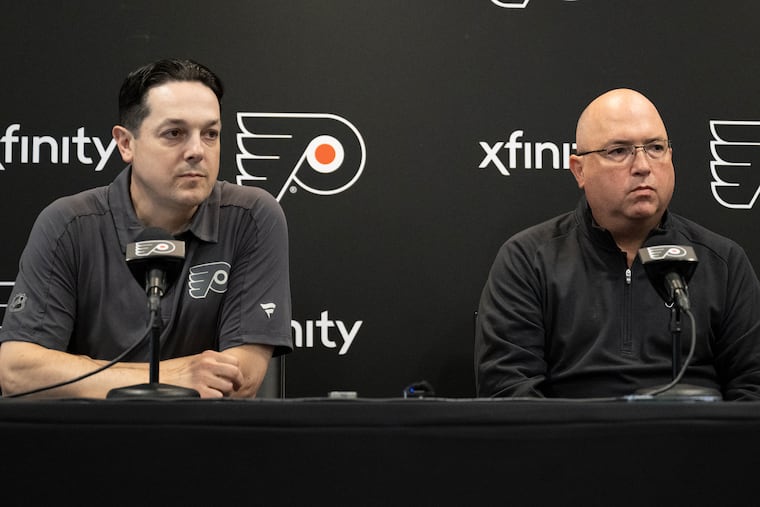 Flyers general manager Danny Briere (left)  and assistant GM Brent Flahr are gearing up for the NHL draft