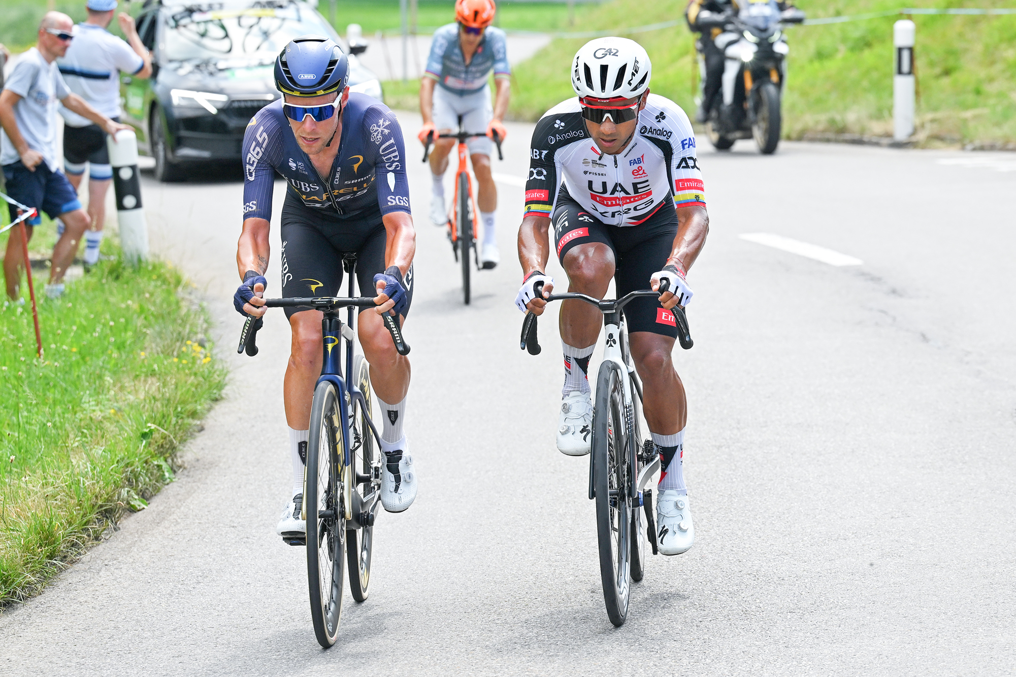 BAD RAGAZ, SWITZERLAND - JUNE 19: (L-R) Xandro Meurisse of Belgium and Team Pinarello Q36.5 Pro Cycling and Jhonatan Narvaez of Ecuador and UAE Team Emirates - XRG compete in the breakaway during the 89th Tour de Suisse 2026, Stage 3 a 157.4km stage from Bad Ragaz to Bad Ragaz / #UCIWT / on June 19, 2026 in Bad Ragaz, Switzerland. (Photo by Tim de Waele/Getty Images)