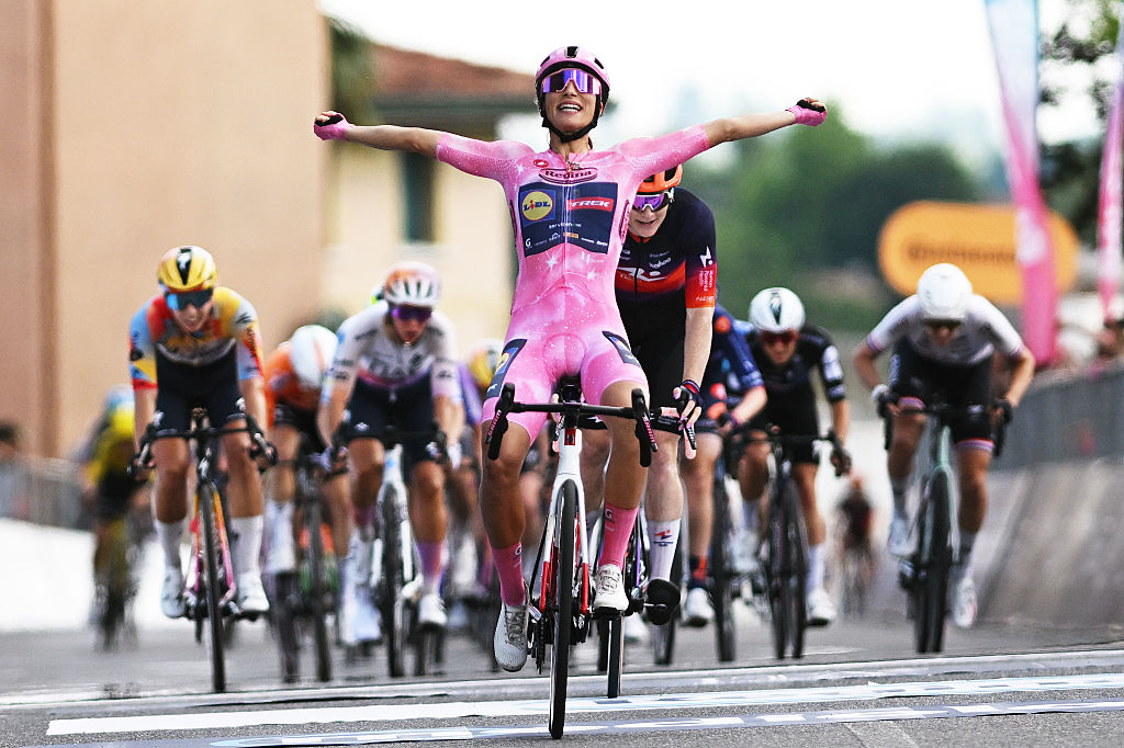 BUJA, ITALY - JUNE 01: Elisa Balsamo of Italy and Team Lidl - Trek - Pink Leader Jersey celebrates at finish line as stage winner during the 37th Giro d&amp;apos;Italia Women 2026, Stage 3 a 156km stage from Bibione to Buja / #UCIWWT / on June 01, 2026 in Buja, Italy. (Photo by Luc Claessen/Getty Images)