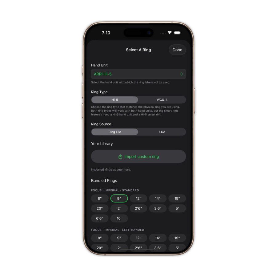 Default ARRI Hi-5 LDA files are built into the RingThing App
