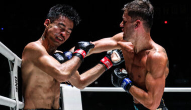 George Jarvis slams a fierce right hand at Rungrawee Sitsongpeenong at ONE Friday Fights 85.