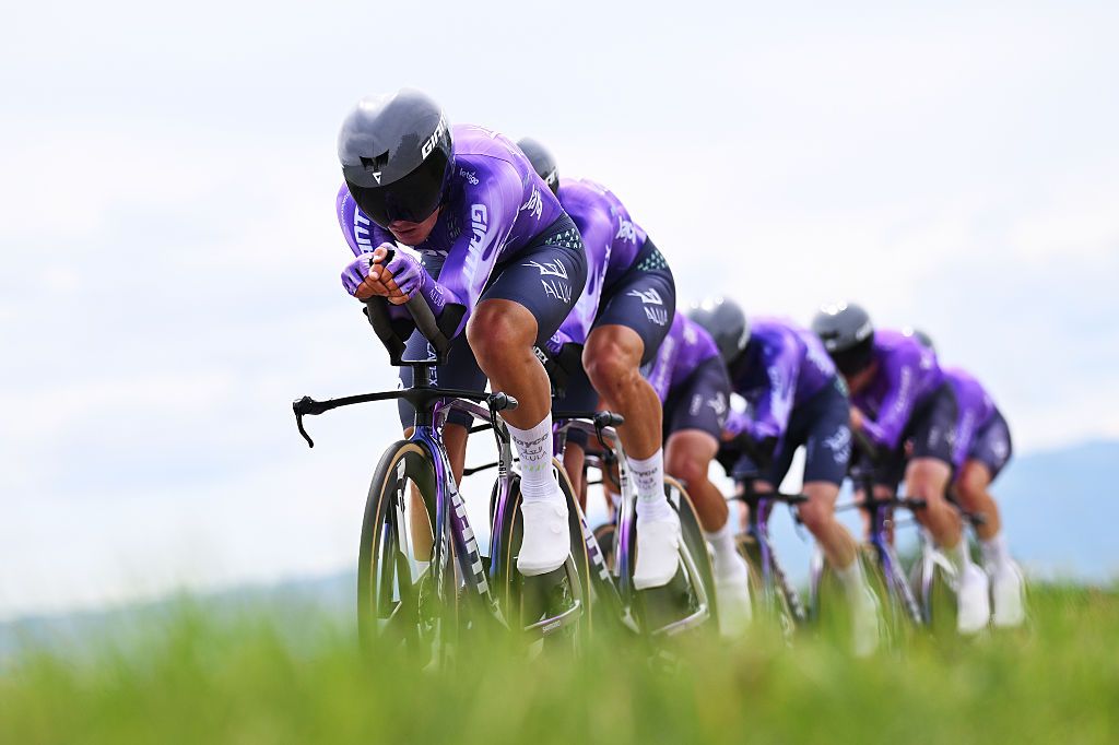 PERREUX, FRANCE - JUNE 09: Hamish McKenzie of Australia and Team Jayco AlUla competes during the 78th Tour Auvergne-Rhone-Alpes 2026, Stage 3 a 28.4km team time trial stage from Perreux to Perreux / #UCIWT / on June 09, 2026 in Perreux, France. (Photo by Dario Belingheri/Getty Images)