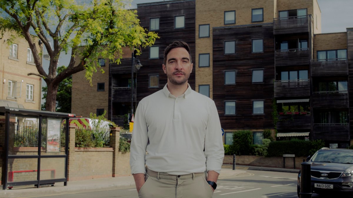 Paul Afshar, campaigner for End Our Cladding Scandal (EOCS). who???s flat in Hackney Wick has been affected by unsafe cladding which means that he is unable to sell the property. Photographed outside the block of flats affected.