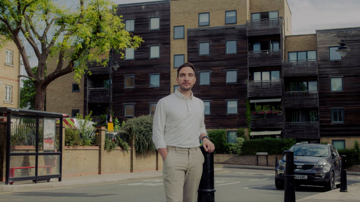 Paul Afshar, campaigner for End Our Cladding Scandal (EOCS). who???s flat in Hackney Wick has been affected by unsafe cladding which means that he is unable to sell the property. Photographed outside the block of flats affected.