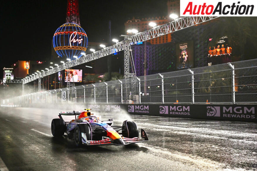 Liam Lawson, Visa Cash App Racing Bulls, on track during qualifying at the 2025 F1 Las Vegas Grand Prix.
