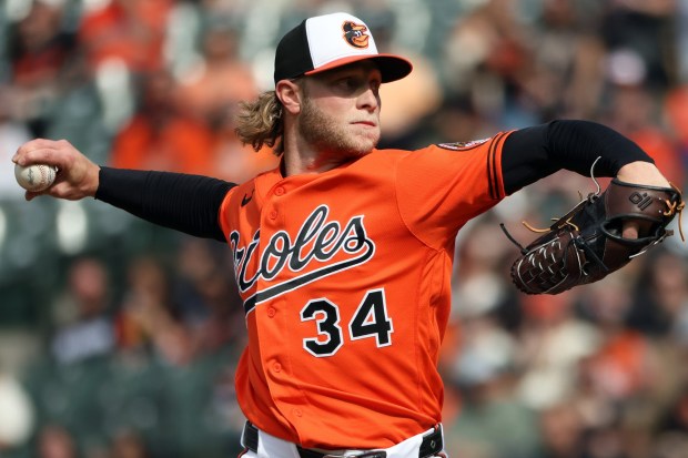 Baltimore Orioles pitcher Shane Baz throws during the first inning of a baseball game against the Athletics, Saturday, May 9, 2026, in Baltimore. (AP Photo/Daniel Kucin Jr.)