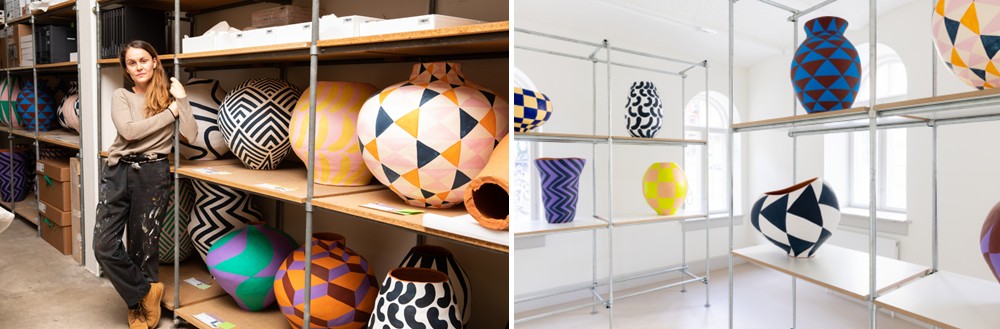 (From left) Galiciadis stands beside her ceramic works, the installation shows how repeated forms create rhythm and movement across the space. Photo by Malle Madsen, courtesy of von Bartha Copenhagen.