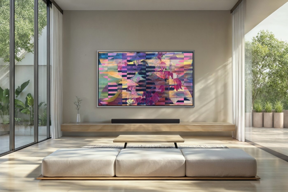 “Stillleben (Reflection on Longings and Belongings)” (2021) by Athene Galiciadis is displayed on the 2026 OLED TV S95H.