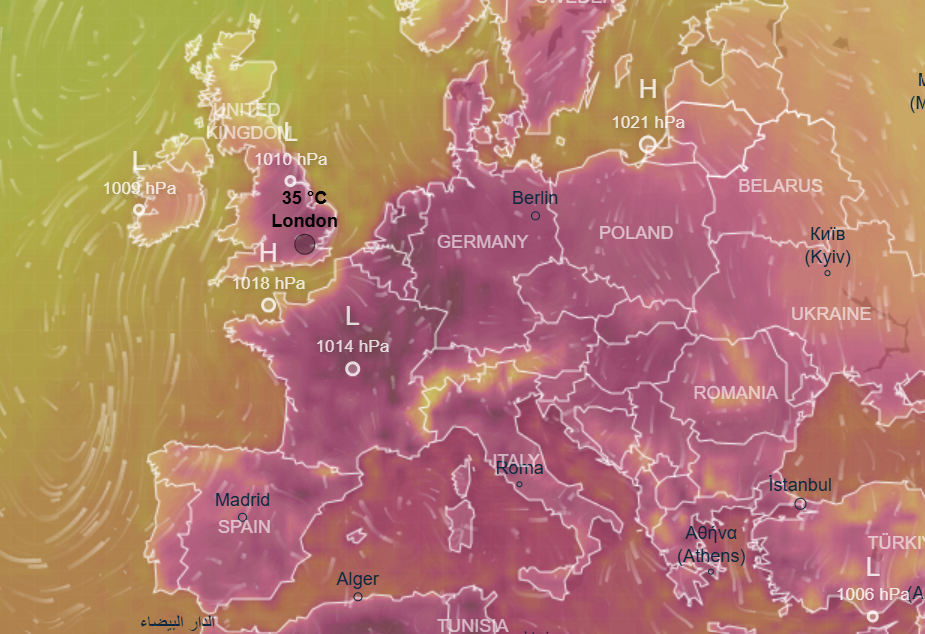 Europe heat map at 3pm on Friday 26 June - with temperatures above 40C in parts of Germany and France