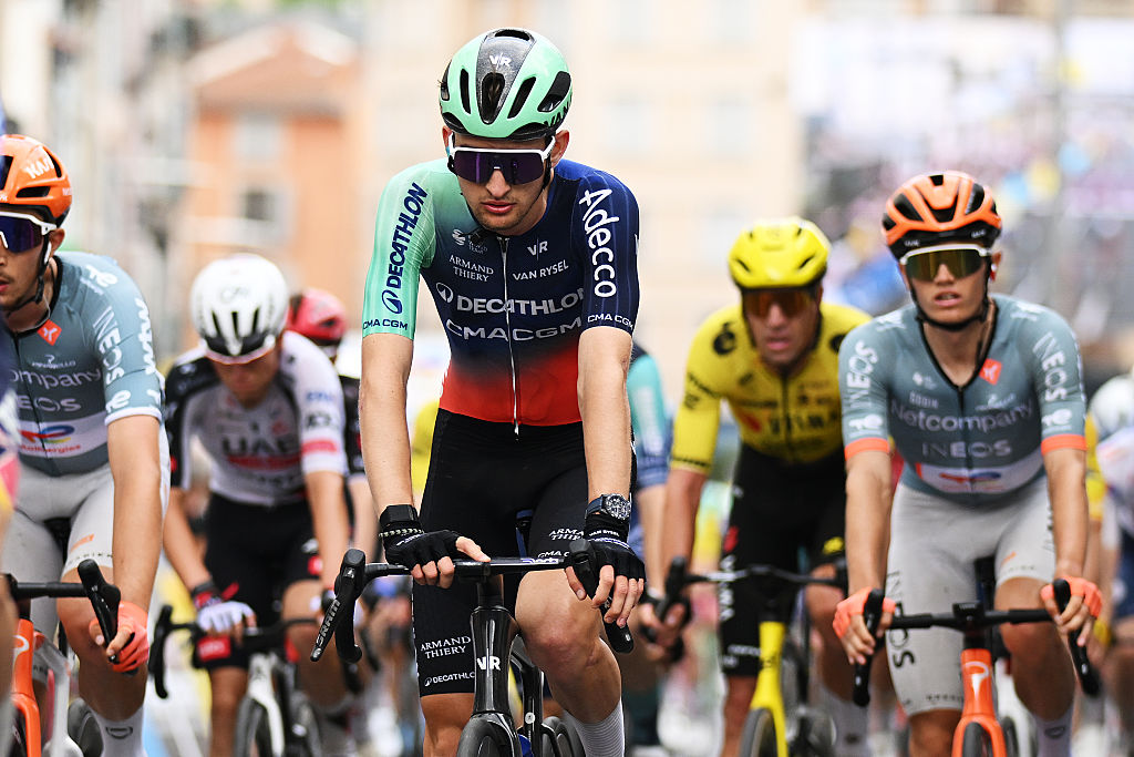 Paul Seixas of France and Team Decathlon CMA CGM crosses the finish line during the 78th Tour Auvergne-Rhone-Alpes 2026, Stage 2
