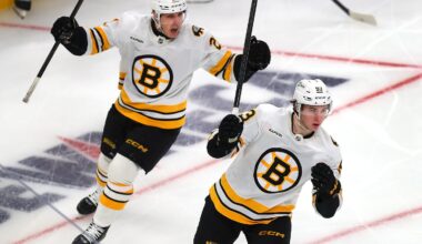 Alex Steeves (left) scored nine goals to go with seven assists in 43 games, and often skated with another recent Bruins acquisition in Fraser Minten.