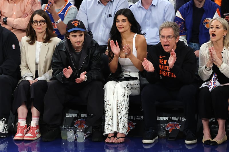 Tina Fey, Timothée Chalamet, Kylie Jenner and Ben Stiller watch the New York Knicks play Atlanta Hawks at Madison Square Garden in April. Photograph: Sarah Stier/Getty Images