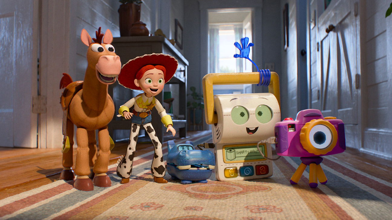(L-R): Bullseye, Jessie, Atlas, Smarty Pants, and Snappy in Disney and Pixar's Toy Story 5