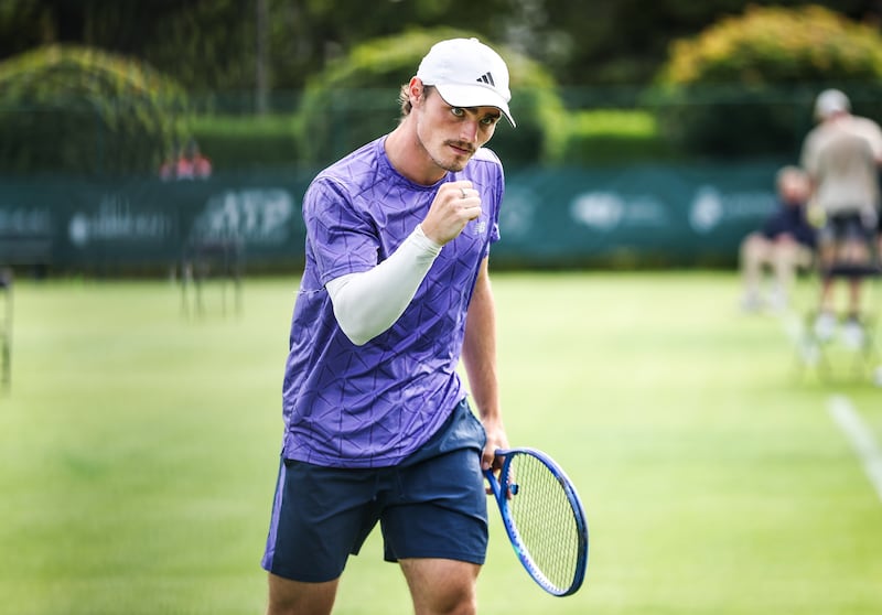 Dylan Leeman celebrates against Charles Broom at the ATP Men's Tournament at Elm Park, Dublin, on June 14th, 2026. Photograph: Tom Maher/©INPHO