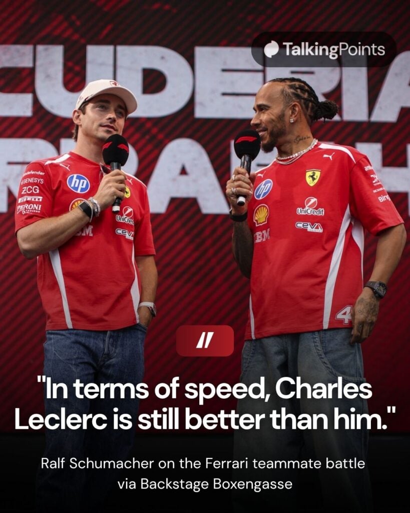 Ferrari drivers Lewis Hamilton and Charles Leclerc during a fan event at the 2026 Barcelona Grand Prix.