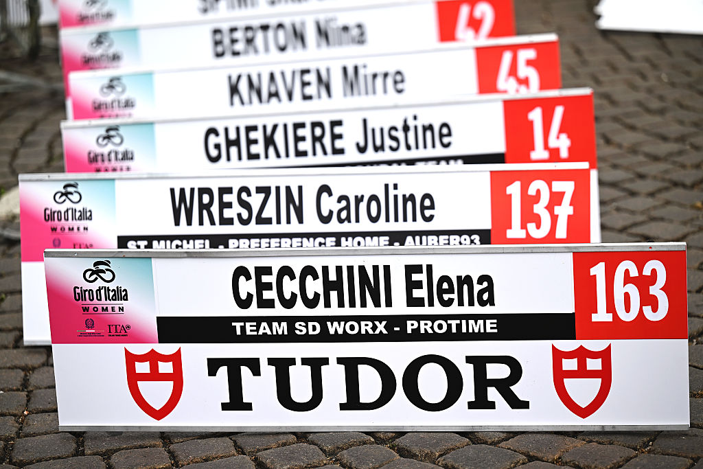 A sign where you can read "Elena Cecchini of SD Worx - Protime" before stage 4 of the 2026 Giro d'Italia Women a 12.7km individual time trial stage. (Photo by Luc Claessen/Getty Images)