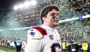 New England Patriots offensive tackle Will Campbell (66) walks off the field after the game. The Seattle Seahawks defeat the Patriots in Super Bowl LX on Feb. 8, 2026 at Levi’s Stadium.