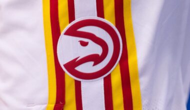 Nov 3, 2024; New Orleans, Louisiana, USA; Detailed view of the Atlanta Hawks logo during warmups before the game against the New Orleans Pelicans at Smoothie King Center. Mandatory Credit: Stephen Lew-Imagn Images