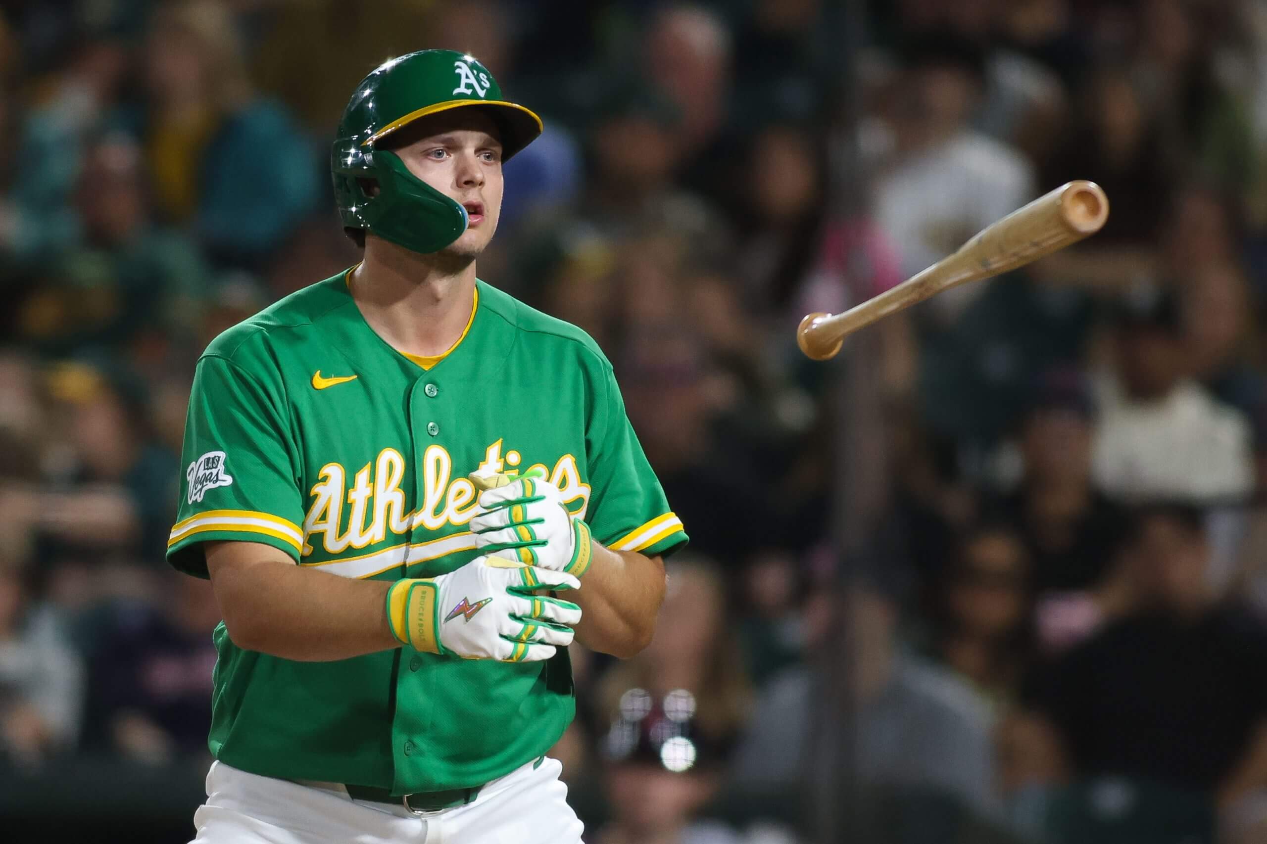 thletics first baseman Nick Kurtz (16) toss his bat after drawing a walk during the seventh inning against the Cleveland Guardians at Sutter Health Park.